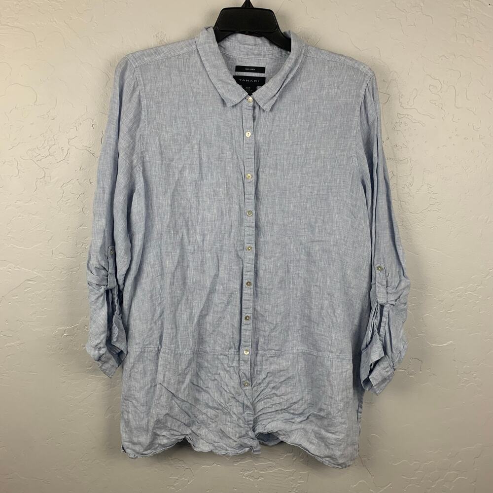 Tahari Linen Top Womens Size 2X Blue Tunic Beachy Collared Roll Up Sleeve